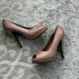 Taqisi Leather Open Toe Heels Brown snakeskin 37
